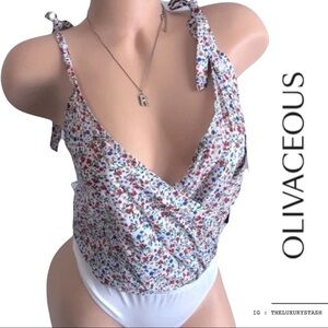 ⚫️ Olivaceous Floral Faux Wrap Tank Thong Bodysuit​​